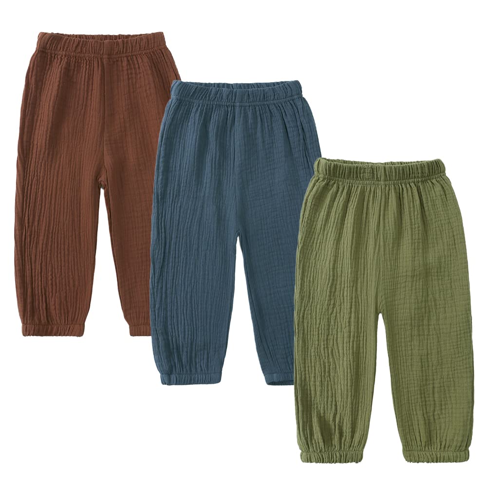 MYGBCPJS Baby Boys Girls 3 Pack Cotton Linen Long Bloomers Ankle Length Trousers Kids Lightweight Elastic Waist Harem Pants