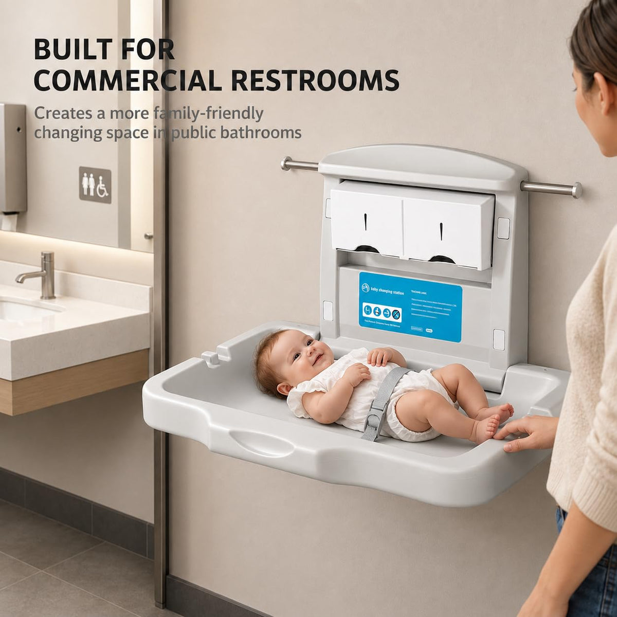 Baby Changing Station Wall Mounted: Horizontal Diaper Changing Table Foldable Diaper Tables with Safety Strap, ADA Complaint for Commercial Bathroom/Nursery/Public Restroom