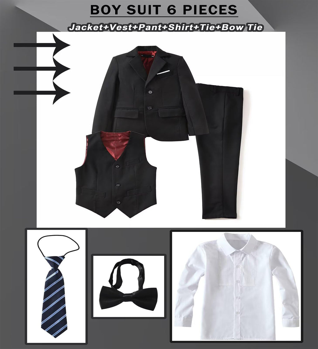 Boys Suit Slim Fit Outfit Suits Kids 6 Piece Jacket Vest Pants Black 6