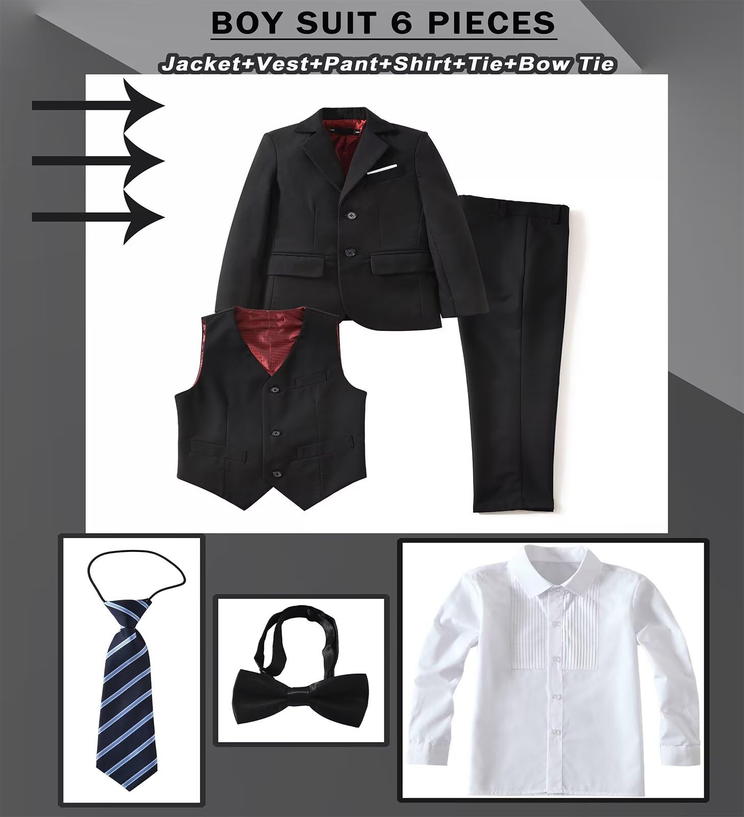Boys Suit Slim Fit Outfit Suits Kids 6 Piece Jacket Vest Pants Black 6