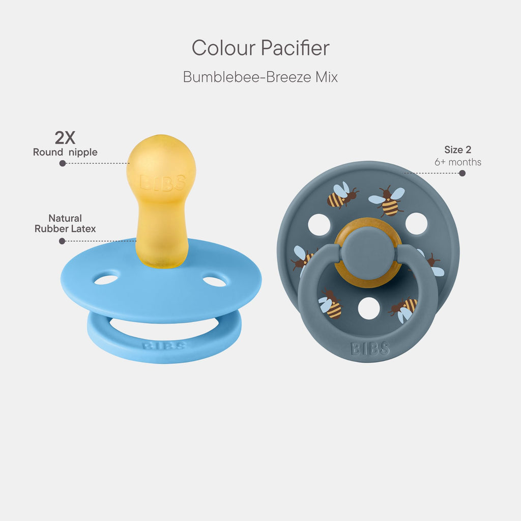 BIBS Colour Pacifier, 6-18 Months, 2-Pack, Round Nipple, Breeze/Petrol