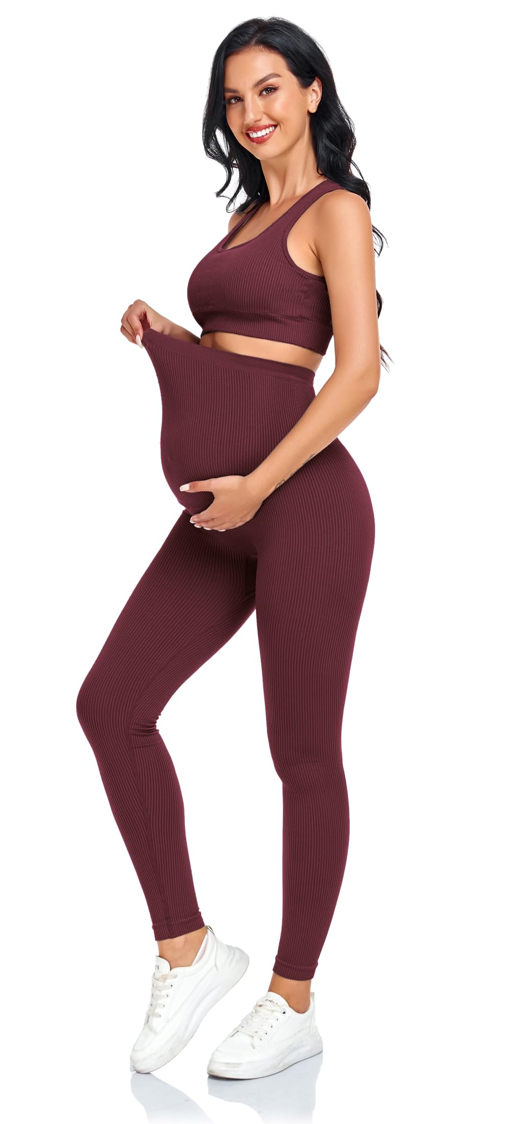 Lataly Maternity Women 2Piece Bra and Pants，Seamless Ribbed Built in Maternity Bra High Waist Elasticity Pregnancy Pant Sets