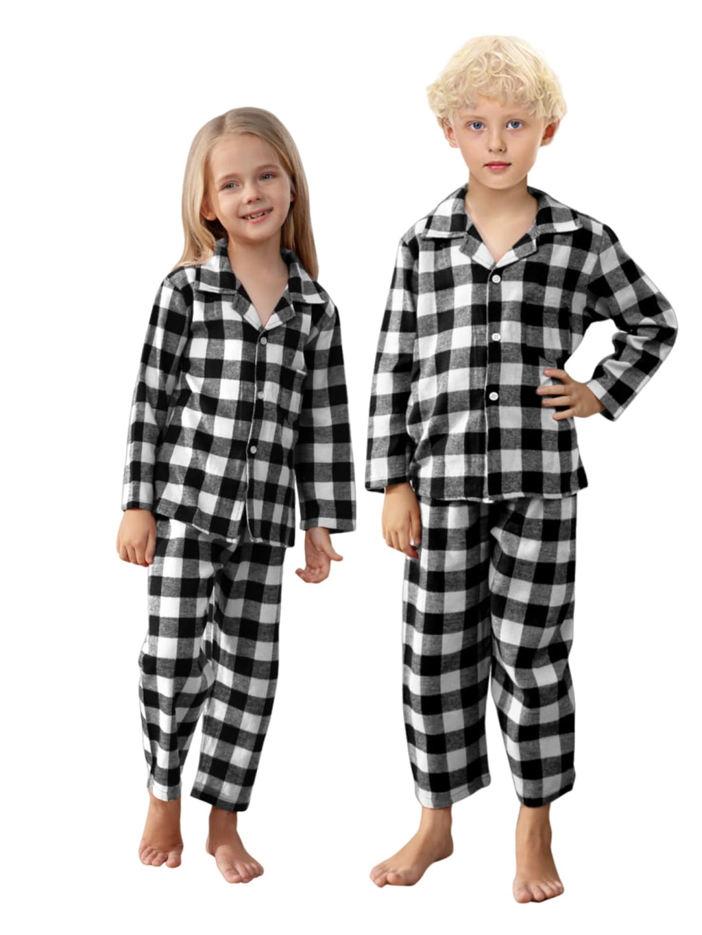 Schbbbta Kids Christmas Pajamas Set Boys Girls 2 Piece Button Down Sleepwear Pjs Outfits, Black White, 5-6 Years = Tag 130
