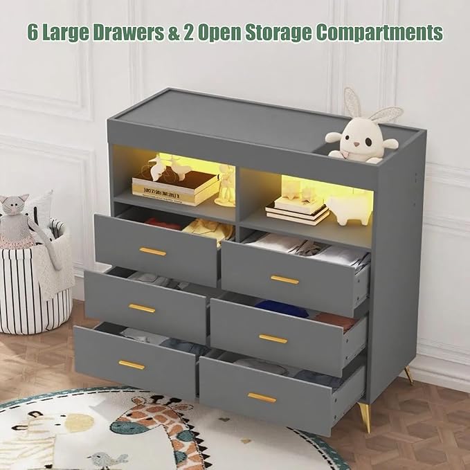 GarveeHome Dresser for Bedroom with 6 Drawers, Baby Changing Table Dresser with Changing Pad, LED Lights & Charging Station, Baby Changing Station with Changing Table Top