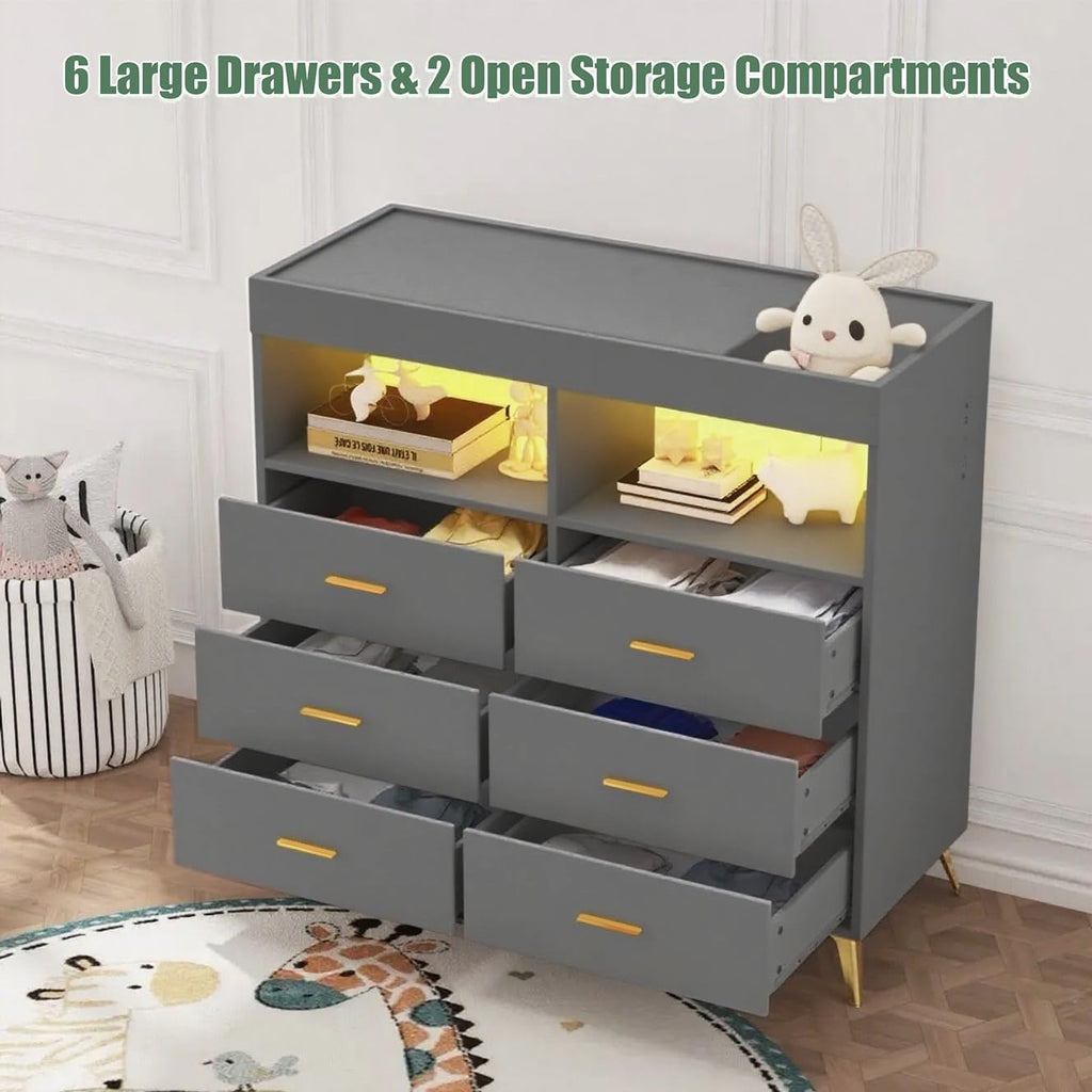 Babevy Changing Table Dresser with Drawers, Baby Dresser with Changing Table Top, Power Outlet, LED Light & Metal Feet, Diaper Changing Station Nursery Organizer for Infants Newborn (Grey)