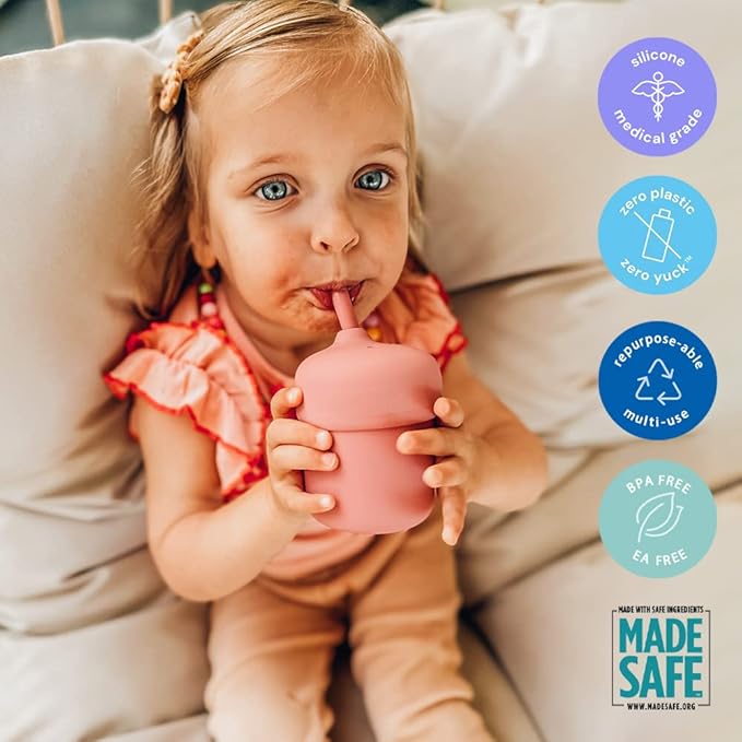 Pura my-my Silicone Straw Cup| Spill Proof, Reusable, Food Grade Silicone, Plastic-Free | For Kids, Toddlers, Babies & Infants - 2 Pack Mint & Moss