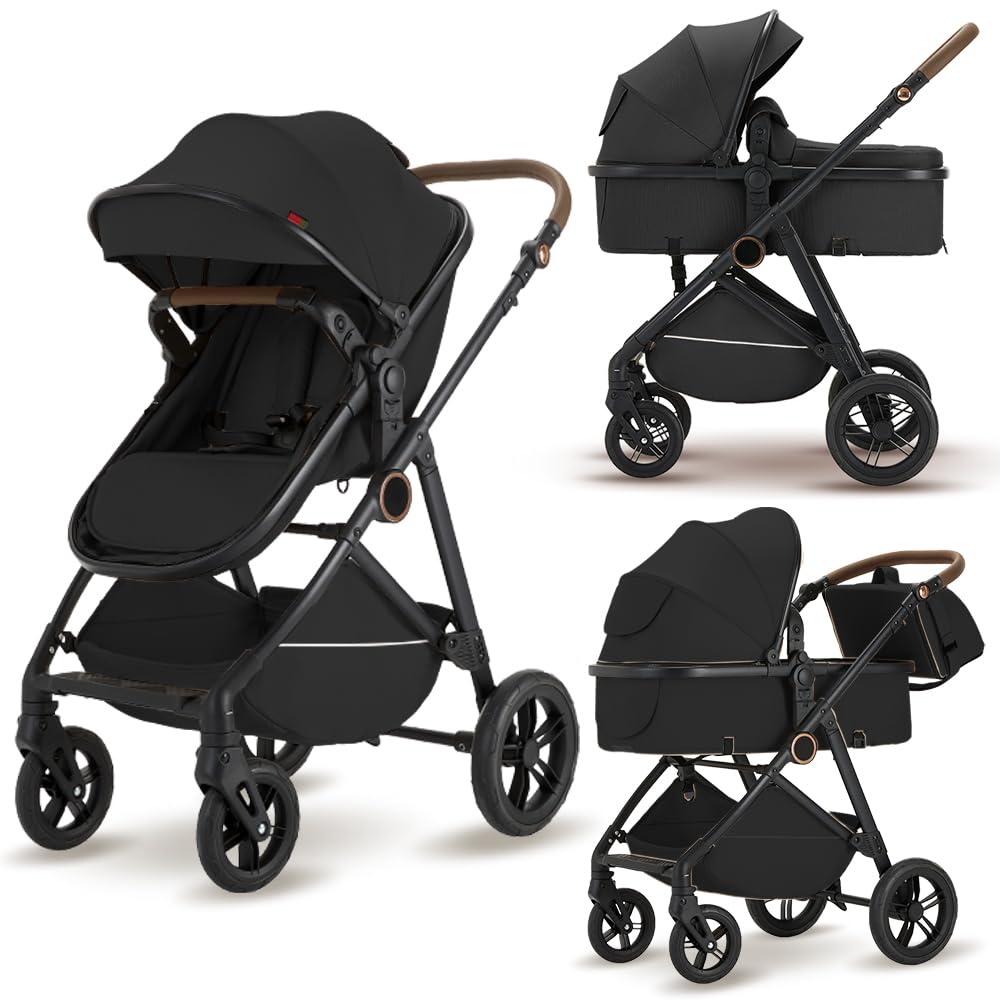2 in 1 Baby Stroller, High Landscape Infant Stroller Pram Foldable Pushchair with Adjustable Canopy, Storage Basket,5-Point Harness,Mom Bags (Black)