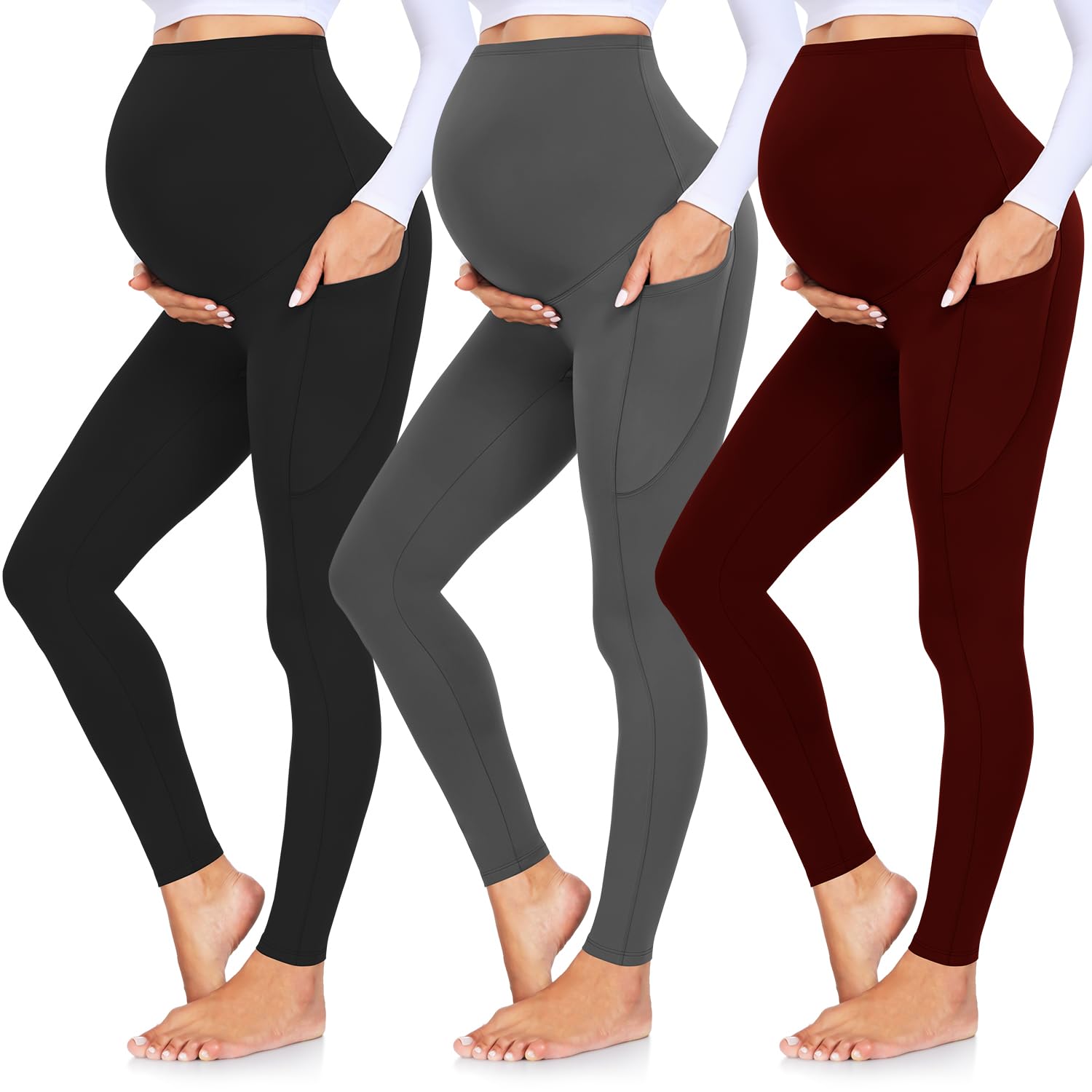 GROTEEN 3 Pack Women's Maternity Leggings with Pockets Over The Belly Pants