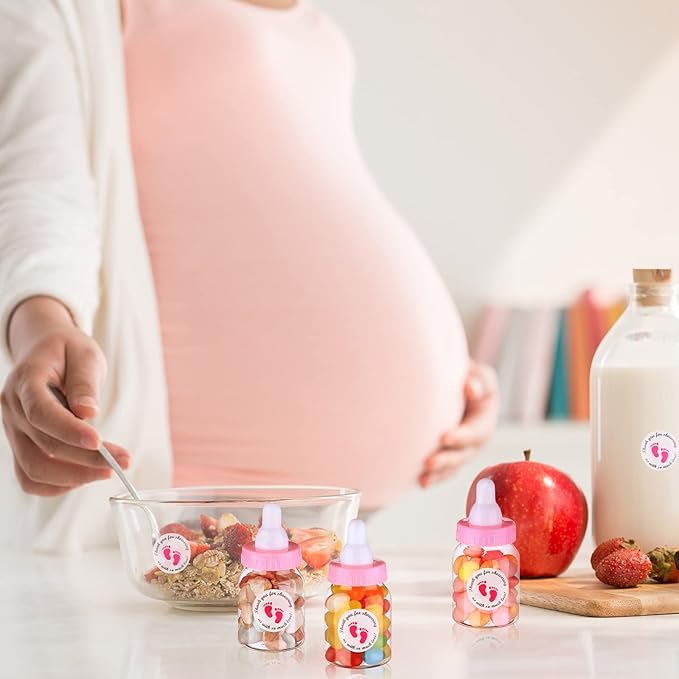 62 Pcs 3.5 Inch Baby Mini Milk Bottle Baby Shower Favor with 500 Adhesive Thank You for Showering Stickers, Small Plastic Candy Bottle DIY Gift for Boy Girl Newborn Baptism Party Decor (Pink)