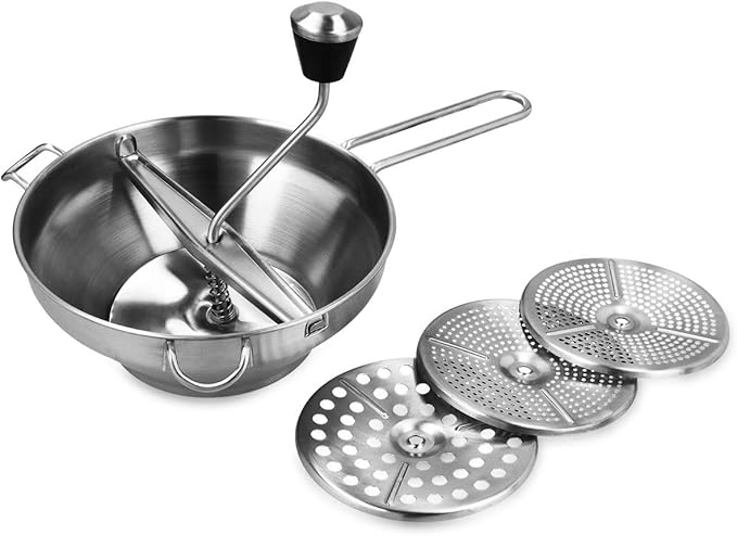 Navaris Food Mill - Stainless Steel Food Mill 1.26-Quart with Hand Crank and 3 Grinding Discs - Grind & Puree Tomato Sauce, Mashed Potatoes - or for Canning Applesauce