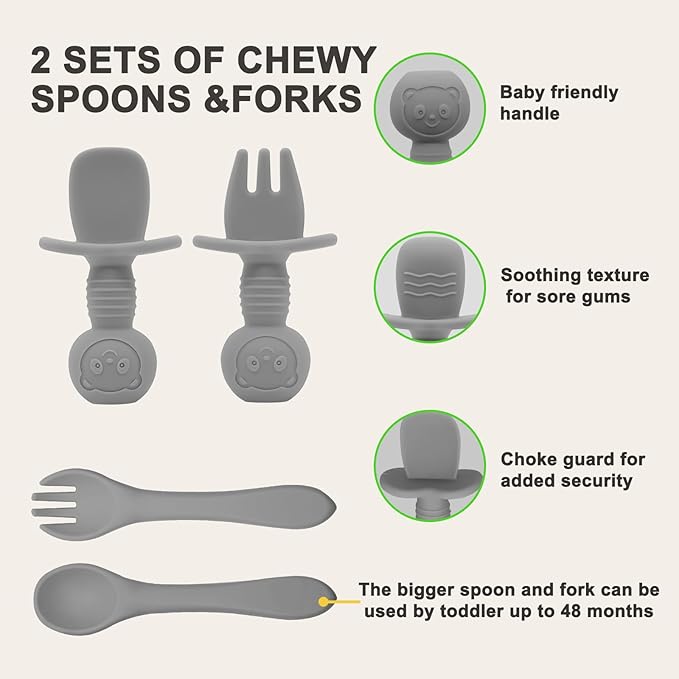 Silicone Baby Feeding Set | Baby Led Weaning Supplies Includes Suction Bowls and Divided Plates, Adjustable Bib, Baby Utensils Spoons and Forks,Cup | Baby Feeding Essentials (Grey)