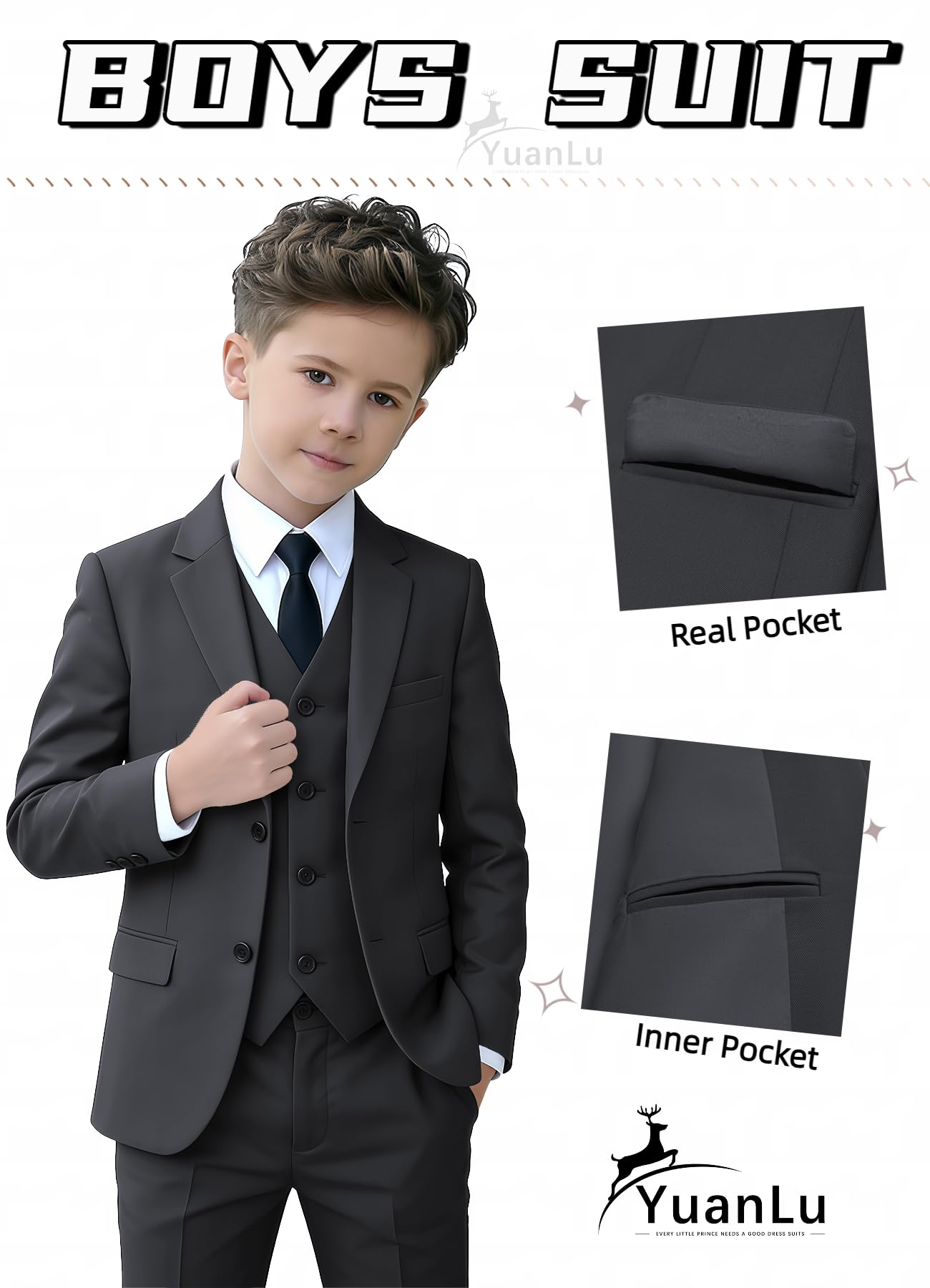 YuanLu Toddler Suits for Boys Dark Gray Formal Slim Fit Kids Tuxedo Size 3T