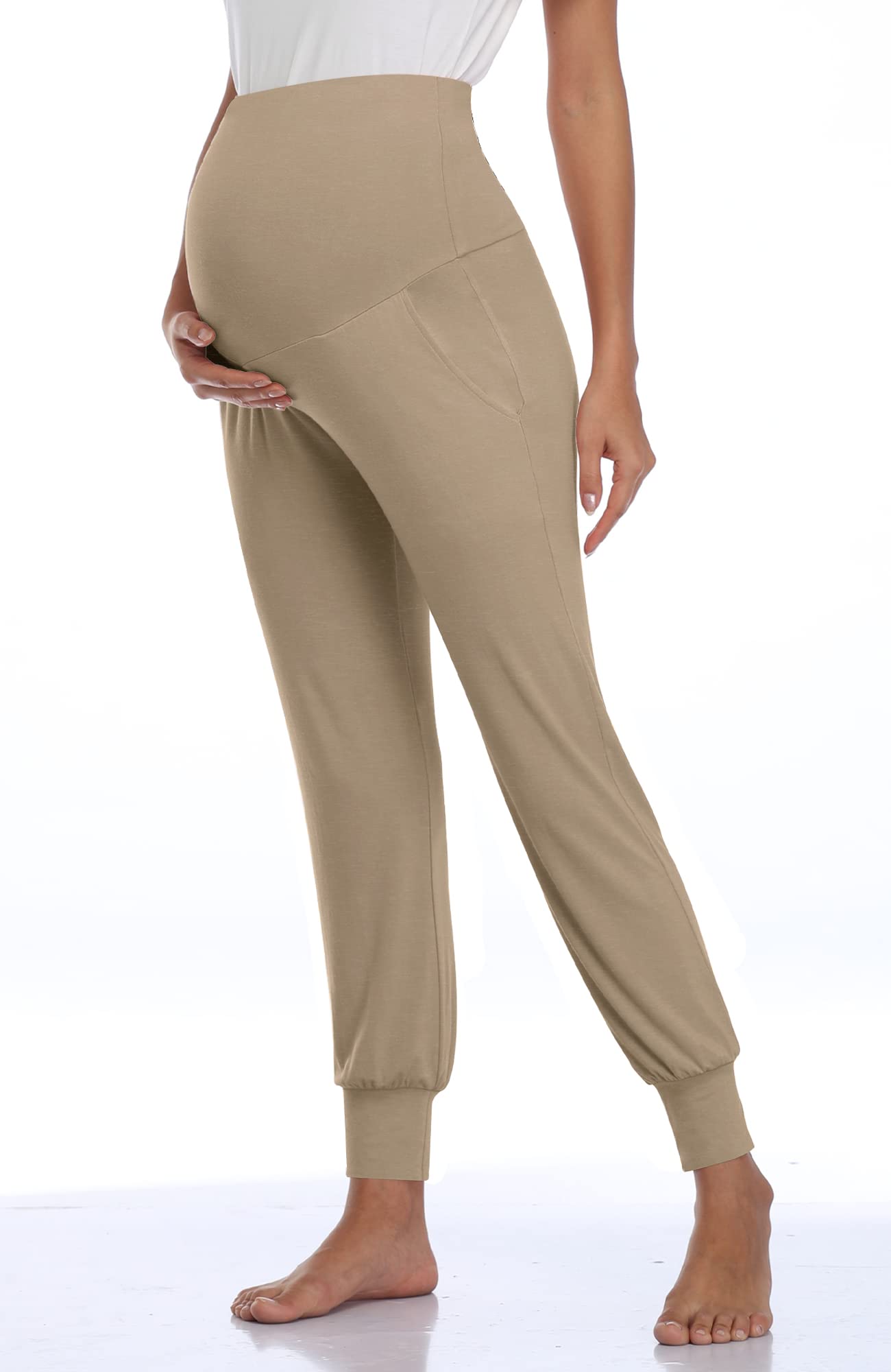 AMPOSH Women's Maternity Pants Stretchy Lounge Workout Sweatpants Casual Loose Comfy Pregnancy Joggers with Pockets(Khaki, S)