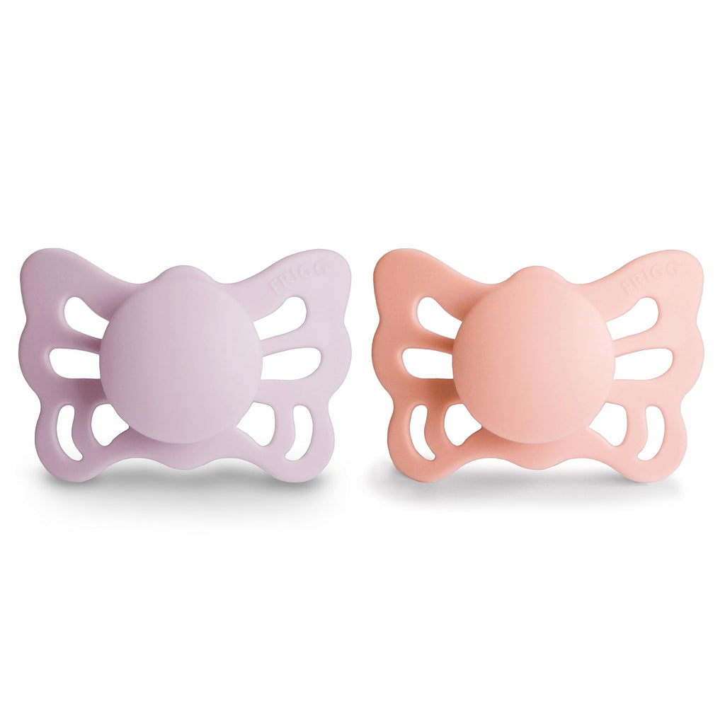 FRIGG Butterfly Anatomical SilkySoft Silicone Baby Pacifier | Made in Denmark | BPA-Free (Soft Lilac/Pretty in Peach, 0-6 Months)