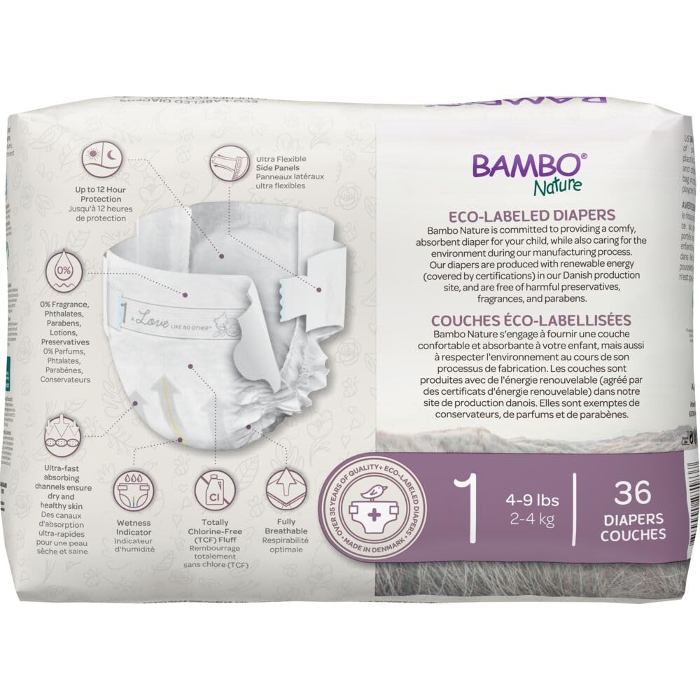 Bambo Nature Premium Eco-Friendly Baby Diapers, Size 1 (4-9 Lbs), 36 Count