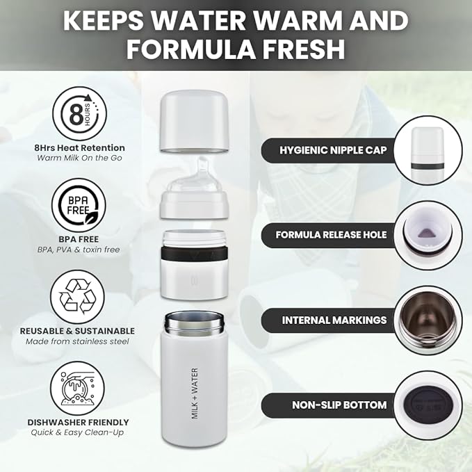 MILK & WATER All in One Baby Bottle & Baby Formula Dispenser On The Go, 9oz - Keeps Water Warm & Formula Fresh - Baby Formula Mixing Bottle with Anti Colic Nipple - Leak-Proof - 3+ Months (White)
