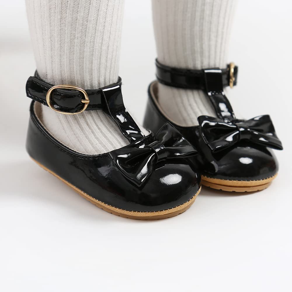 COSANKIM Baby Girls Mary Jane Flats Shoes Anti-Slip Rubber Sole Infant Toddler Princess Wedding Dress Shoes(01 Black, 6-12 Months Infant)