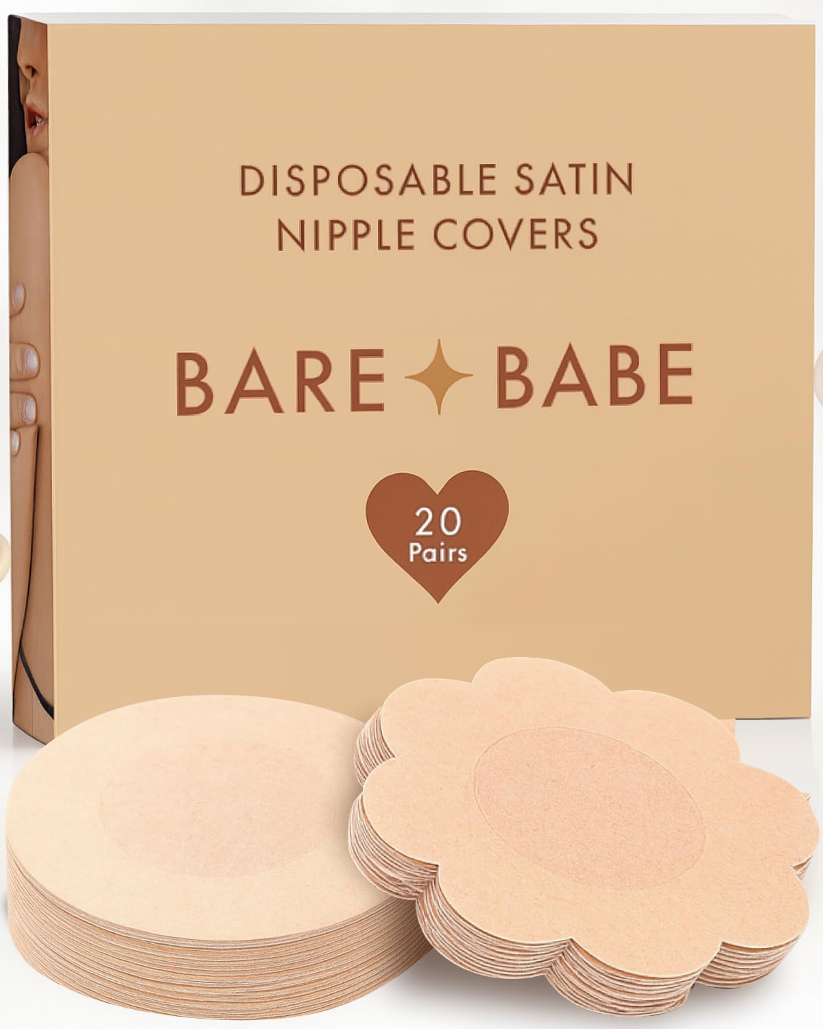 Bare Babe Disposable Satin Nipple Covers - 40 Pieces Waterproof Pasties 4 Shades - Sticky Breast Stickers for Strapless Dress (Creme, Regular (Fits A-H))