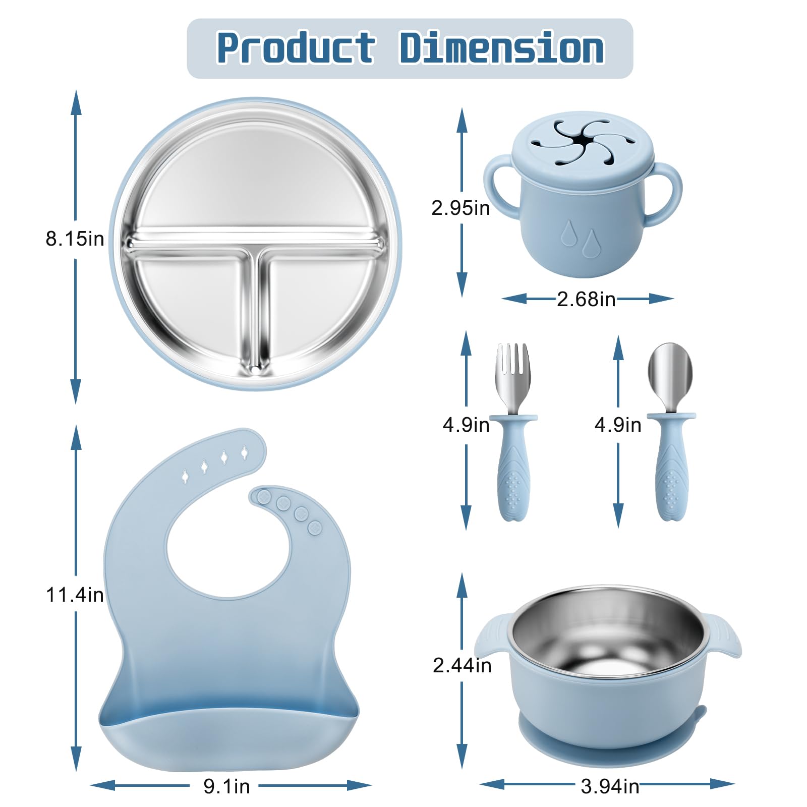 MISSLILI Stainless Steel Kids Plates and Bowls Set with Suction - (Blue)