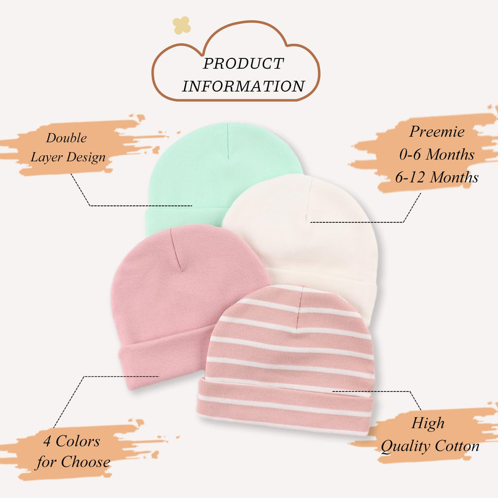 Bamery Cotton Baby Girl Hat Preemie Boys Beanie Newborn Hospital Hats Winter Infant Hats for Girls (4PACK-H, Preemie)