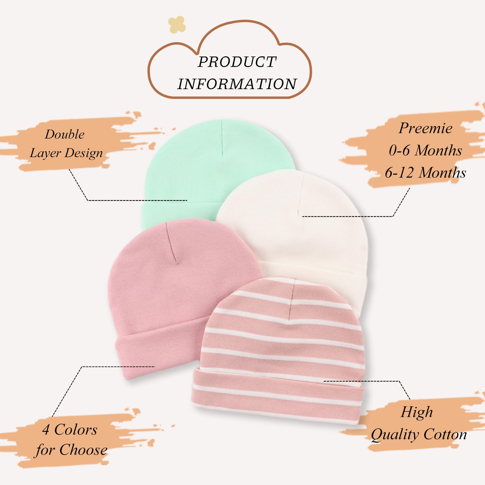 Bamery Cotton Baby Girl Hat Preemie Boys Beanie Newborn Hospital Hats Winter Infant Hats for Girls (4PACK-H, Preemie)