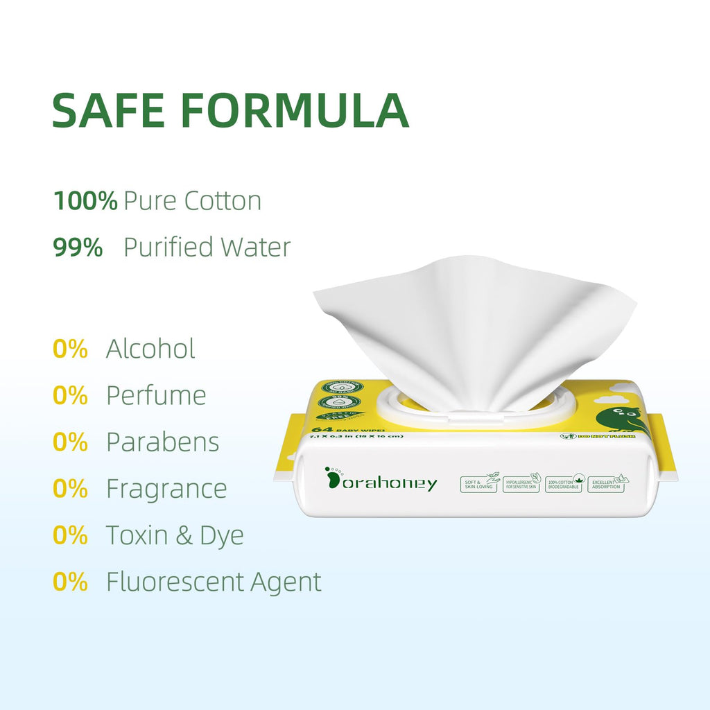 Dorahoney 100% USA Cotton Baby Wipes for Sensitive Skin, 99% Purified Water Unscented Wet Wipes, Hypoallergenic & Plastic-Free, 768 Count (12 Flip-Top Packs of 64)