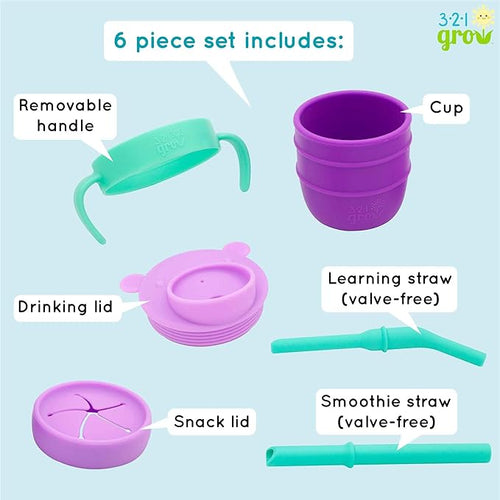 321 Grow Easy Learn Drink and Snack Set – Baby + Toddler Silicone Learning Cup & Snack Set, Training Cup for Straw and Open Cup Independence – Dishwasher Safe (Grape)
