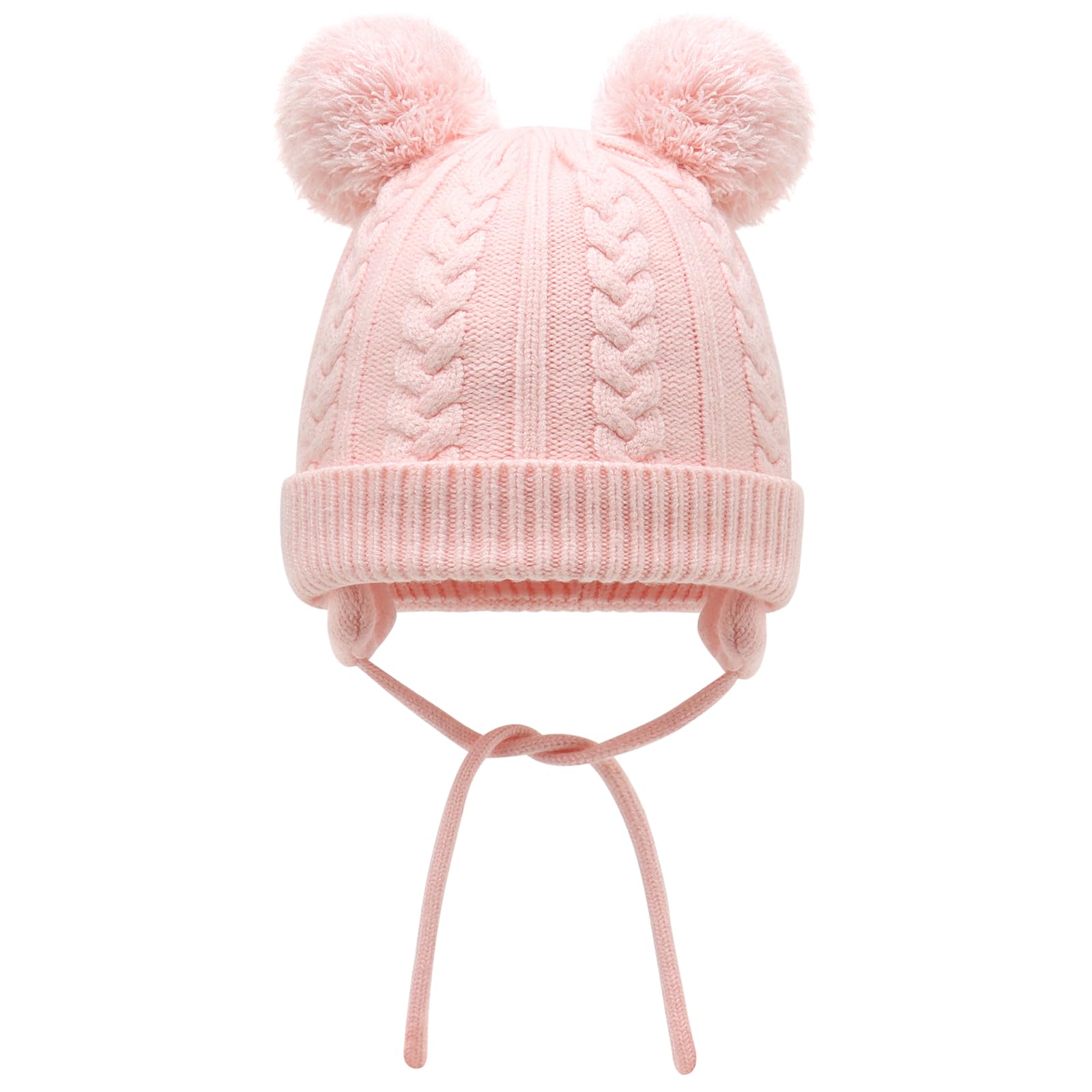 Duoyeree Toddler Winter Hat, Earflap Double Pom Pom Knit Beanie 0-36M