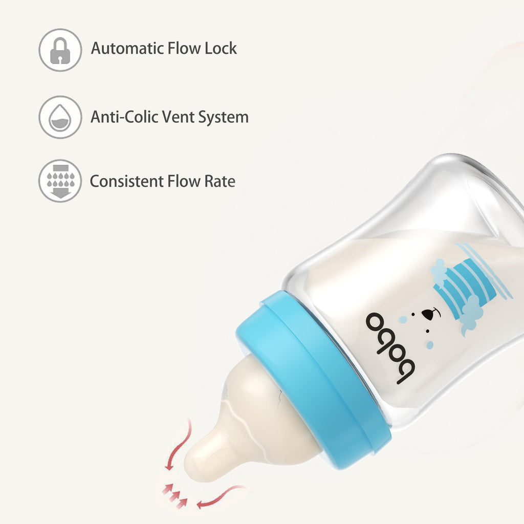 YOHKOH Glass Baby Bottles with Slow Flow Nipple, Newborn Anti-Colic Baby Bottles for 0+ Months, Wide Neck Feeding Bottle, Clear (Blue, 5oz (Pack of 4))