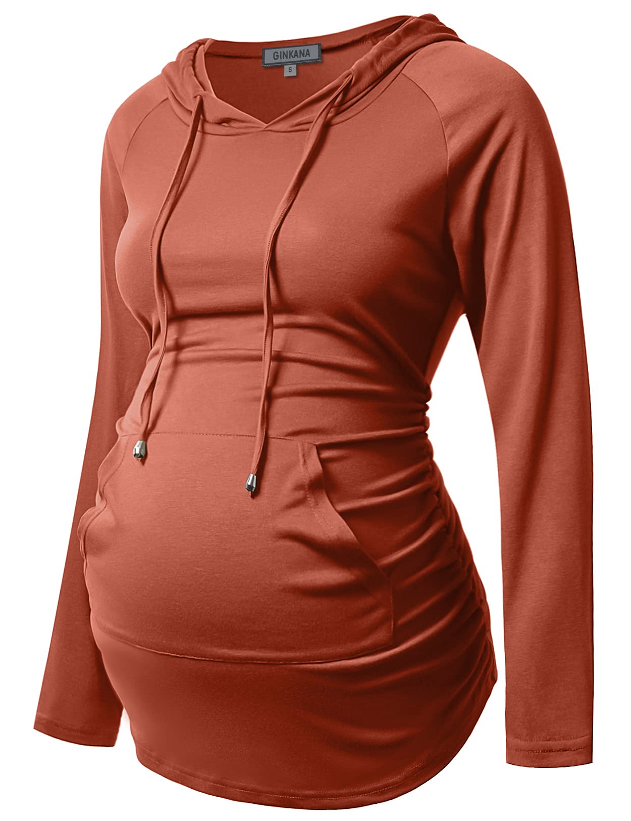 GINKANA Maternity Long Sleeve Hooded Sweatshirt Lightweight Maternity Casual Hoodie Long Sleeve Tunic Top,Caramel,L