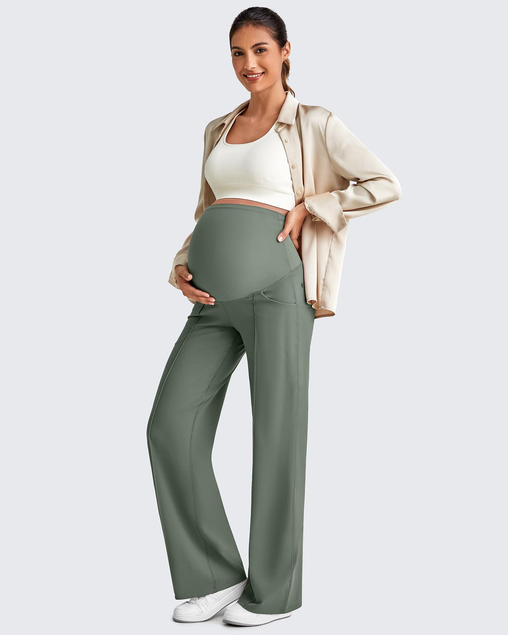 G4Free Maternity Pants Over the Belly with Pockets,Gray Sage,XS,Tall