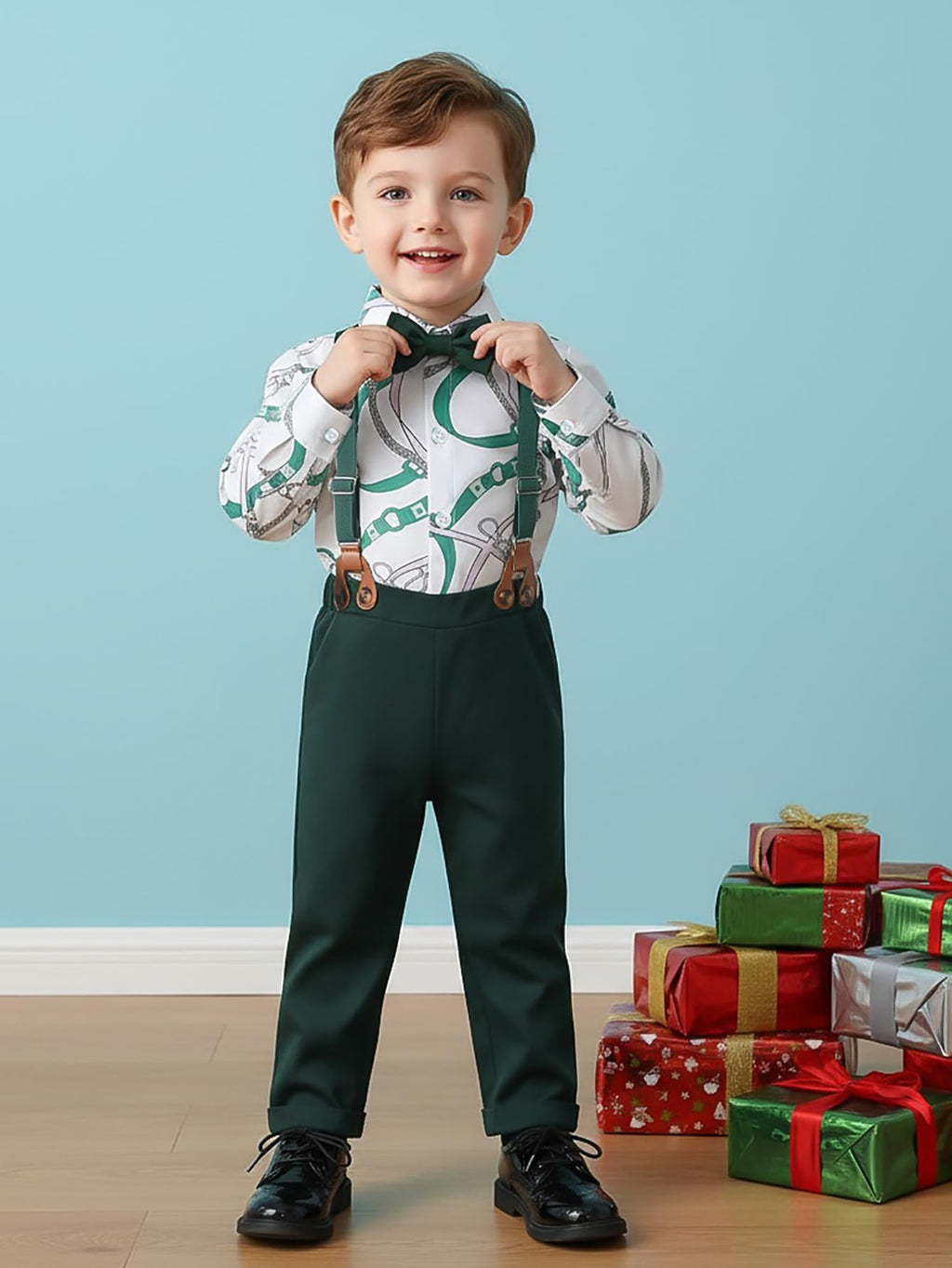 Boarnseorl Baby Boys Pants Sets, Infant Long Sleeve Shirt + Pants + Bow Tie + Suspenders Outfits Clothing,4-5Y