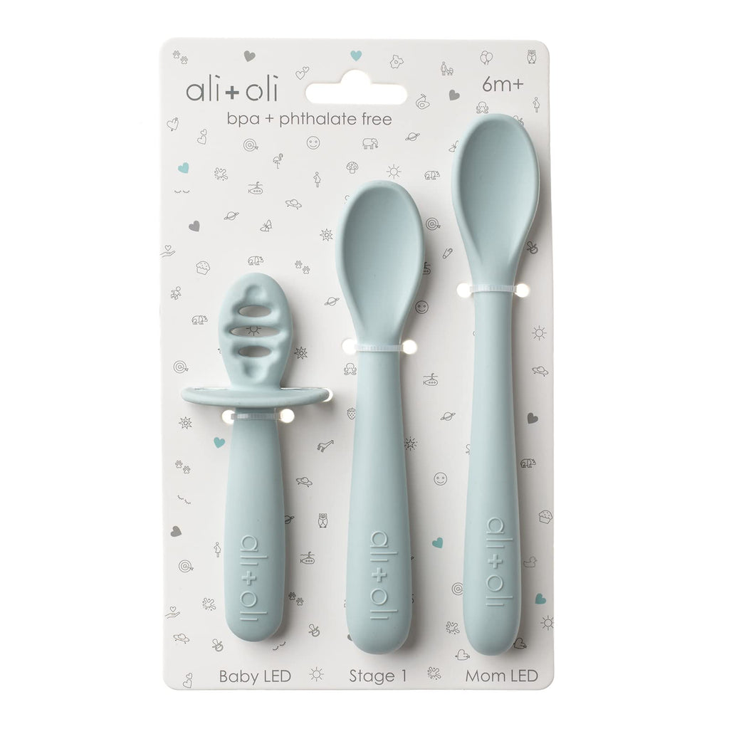 Ali+Oli (3pc) Silicone Spoon Set for Baby (Blue) Unbreakable Baby Spoons, Self Feeding Utensils, Multi-stage Design, Ergonomic Handle