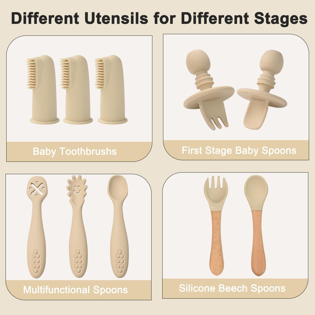 Silicone Baby Feeding Set 14 Pcs, Baby Led Weaning Set, 6M+, Beige