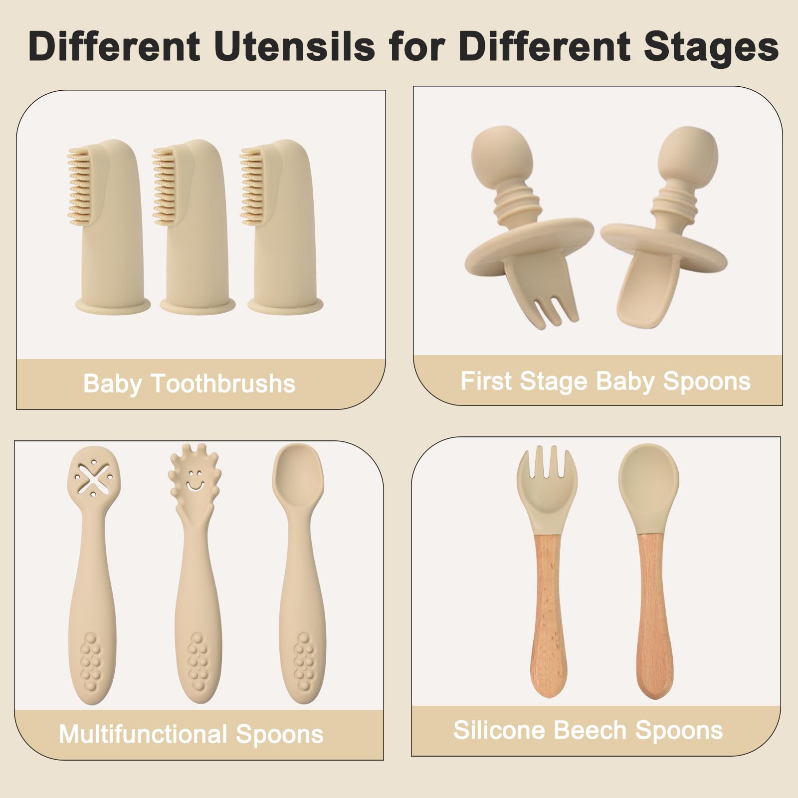 Silicone Baby Feeding Set 14 Pcs, Baby Led Weaning Set, 6M+, Beige