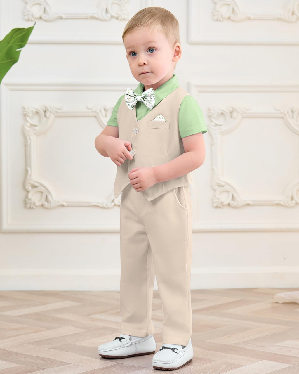 DISAUR Christening Outfits For Boys Short Sleeve Infant Grass Green Shirt Apricot Vest Pants Bow Tie Newborn Suit For Baby Boy 3 6 Months