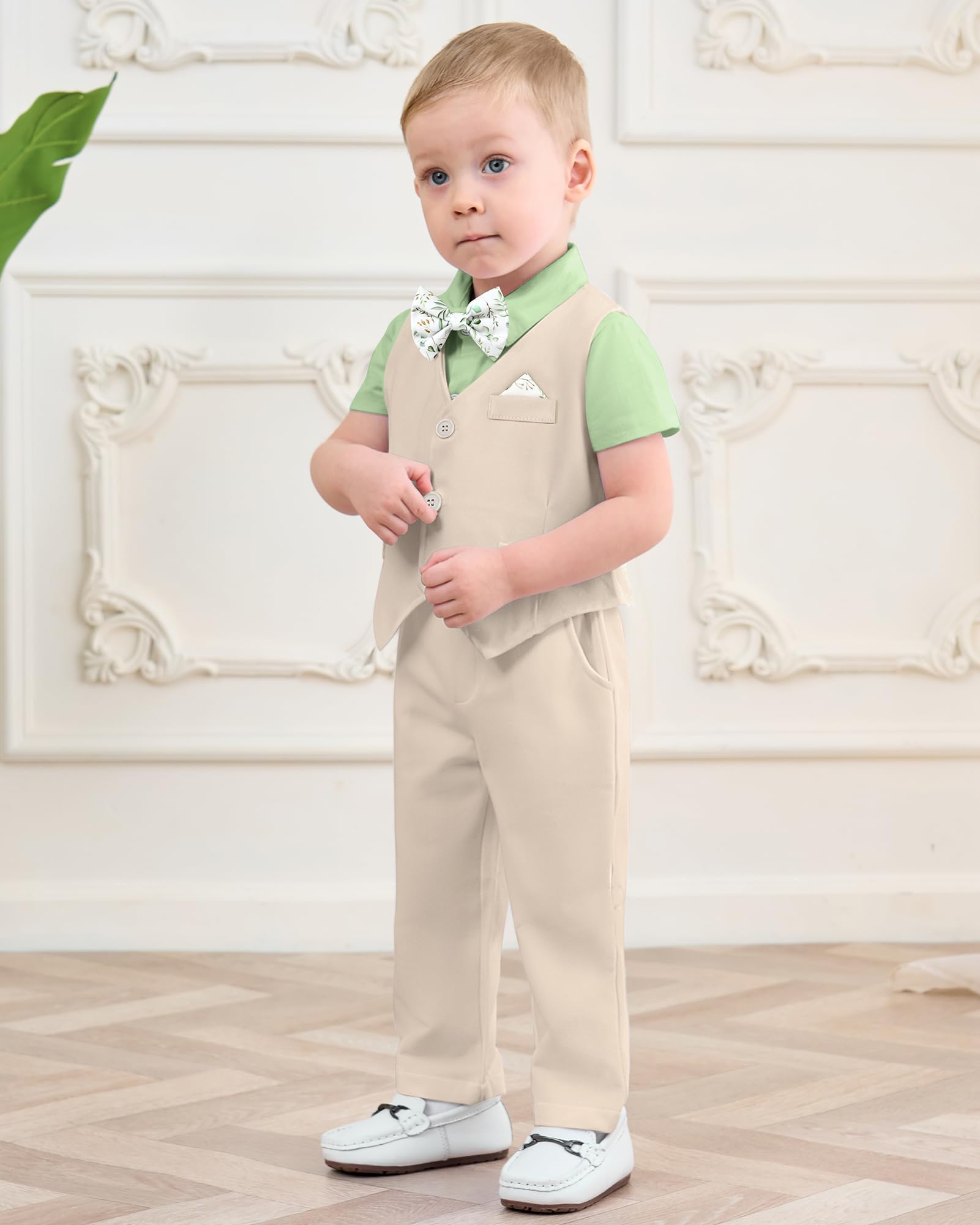 DISAUR Christening Outfits For Boys Short Sleeve Infant Grass Green Shirt Apricot Vest Pants Bow Tie Newborn Suit For Baby Boy 3 6 Months