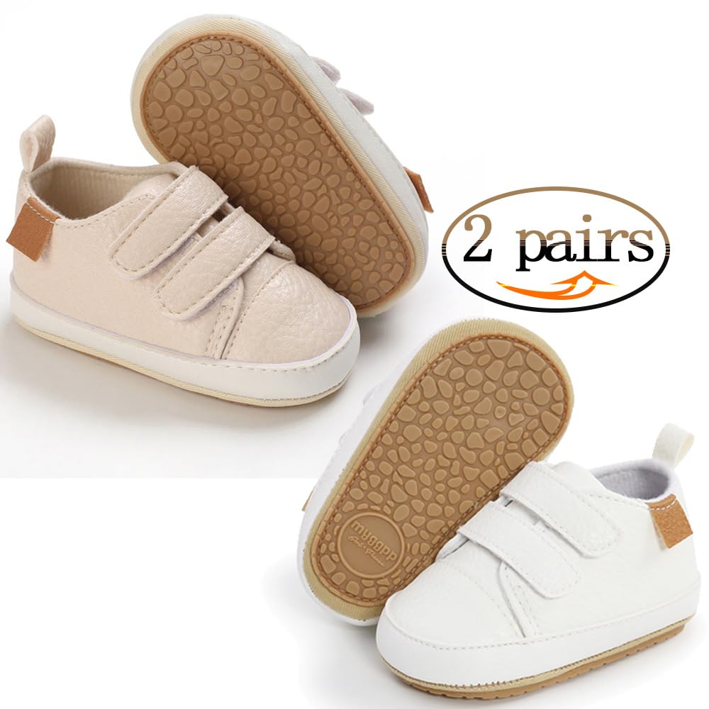 eitwo 2Pairs Baby Shoes,Boys Girls Non-Slip Rubber Sole Sneakers,Unisex Infant Soft Lightweight First Walking Crib Shoes (2Pairs_White+Beige,3-6 Months)
