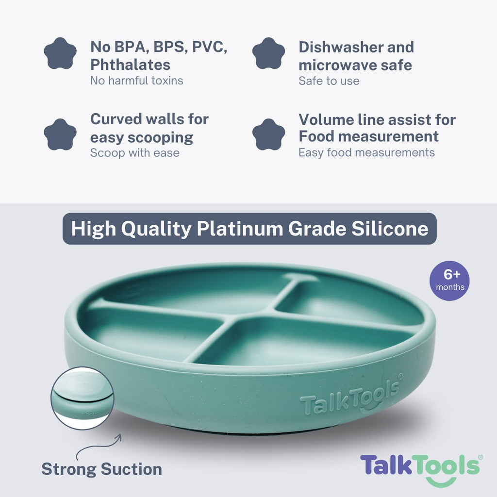 TalkTools Itsy Plate Must-Have Silicone Baby Plates with Suction | Non-Toxic Toddler Feeding Plate | Divided Portion | BPA-Free, Easy-Clean, Travel-Friendly Baby Dishware - Made in USA (Sage)