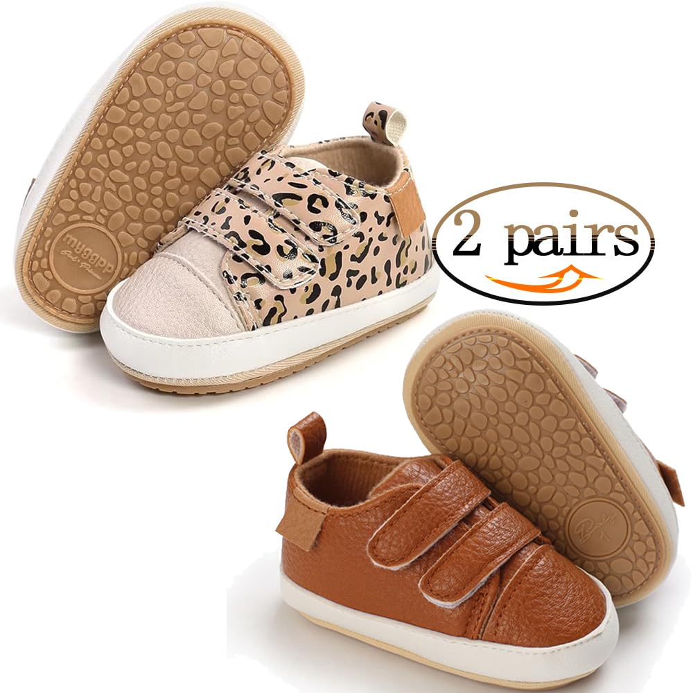 eitwo 2Pairs Baby Shoes,Boys Girls Non-Slip Rubber Sole Sneakers,Unisex Infant Soft Lightweight First Walking Crib Shoes (2Pairs_Brown+Leopard,6-12 Months)