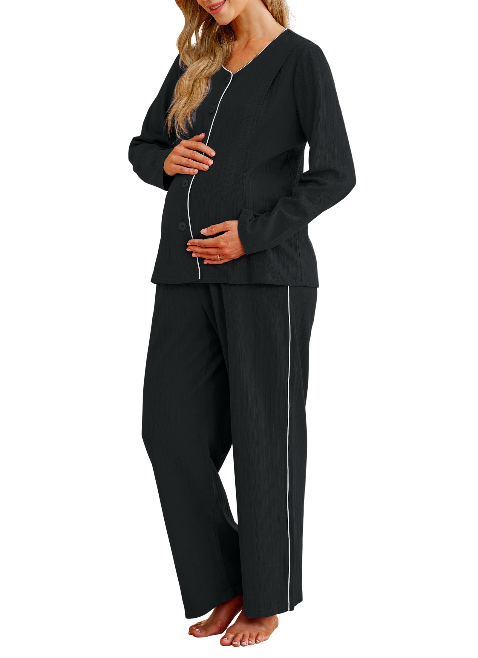 OUGES Maternity Nursing Pajamas Lounge Sets Postpartum Outfits for Women 100% Cotton Black Button Down V Neck Breastfeeding Sleepwear Set Maternity Clothes Top & Long Pants with Pockets(Black,XL)