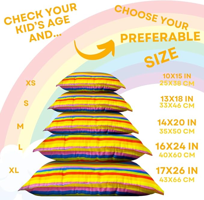 kinder Fluff Children Pillow (2Pk) 13x18in – Small Pillow for Kids Age 2+, Bright Rainbow Design, 100% Cotton Sateen Stripe 300T, Down Alternative Fill, Machine Washable, Colourful Kids Cushion - S