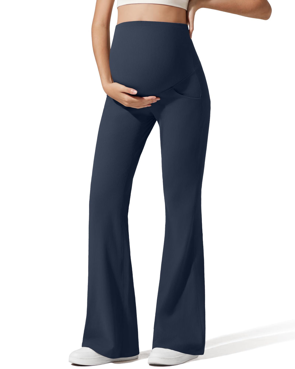 G4Free Maternity Flare Leggings Bell Bottom Stretchy Pregnancy Casual Pants with Pockets Comfy Stretch Trousers Over The Belly(Dark Navy,L,Regular)