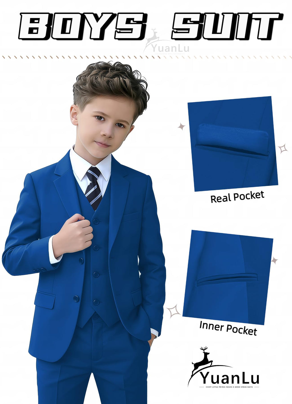 YuanLu Toddler Tuxedo Slim Fit Boys Suits Size 8 Kids Royal Blue Outfit