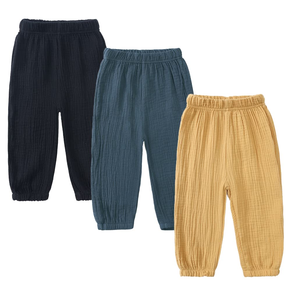 MYGBCPJS Baby Boys Girls 3 Pack Cotton Linen Long Bloomers Ankle Length Trousers Kids Lightweight Elastic Waist Harem Pants