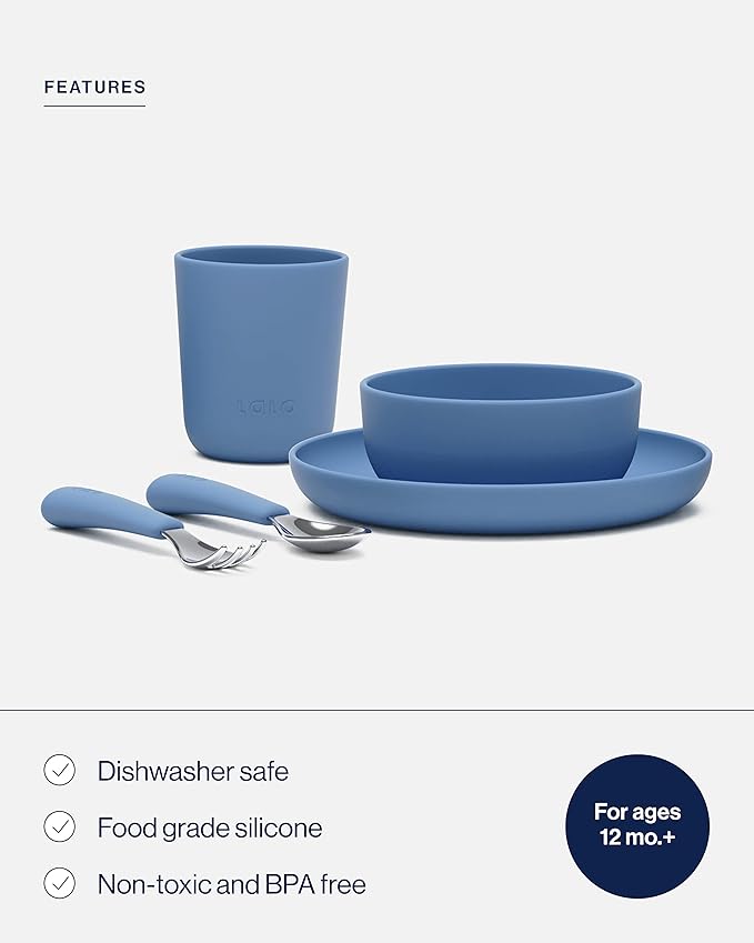 Lalo Big Bites Kids Dinnerware Starter Set - Dishwasher Safe, BPA Free, Kids Tableware Set - Includes Stackable Bowl, Plate, Utensils & Cup - 5 Pieces - Blueberry