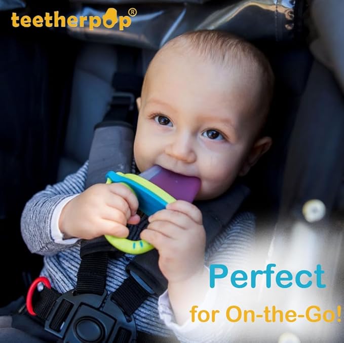Teetherpop Fillable Silicone Teether for Babies – Breastmilk Popsicle Molds for Teething with Spill-Proof Sippy Slits – Freezable Baby Teethers for Liquids & Purées - Cooling Relief (4-Pack-Blues)