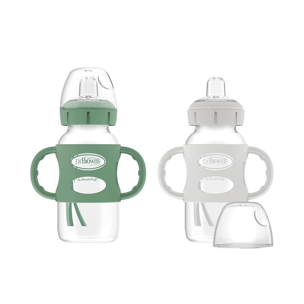 Dr. Brown's Wide-Neck Sippy Spout Bottle with Handles, Green & Gray, 2-Pack