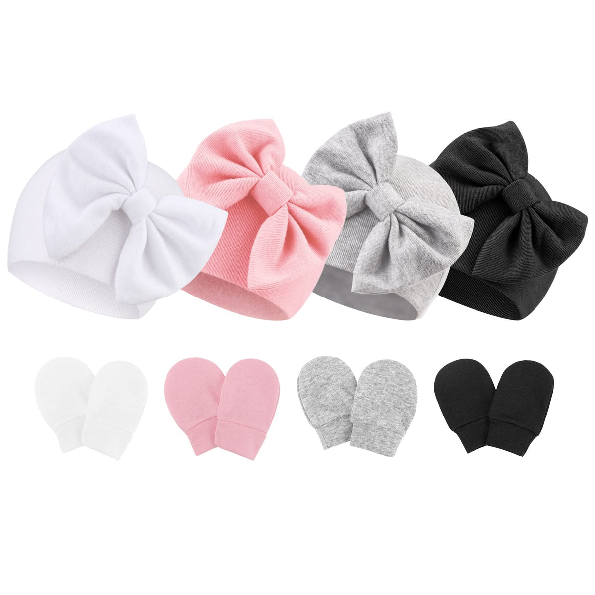 BQUBO Newborn Baby Hats Mittens Set Hospital Hat Beanie Infant Bow Hats Baby Cotton Gloves No Scratch Mittens for 0-6 Months