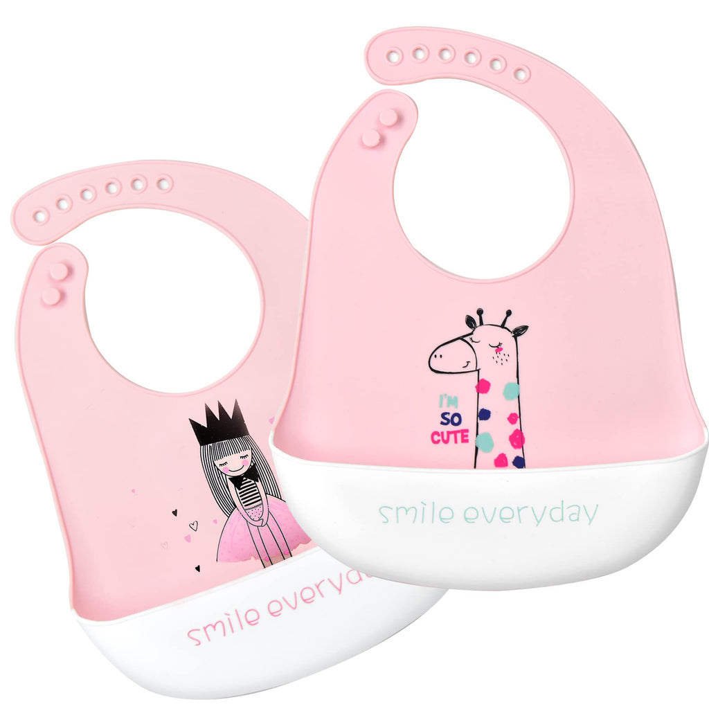 Eimmabey Silicone Bibs for Babies and Toddlers 2 Sets Feeding Bibs for Boy and Girl, Adjustable Soft Waterproof Bibs with Food Catcher Girl & Giraffe